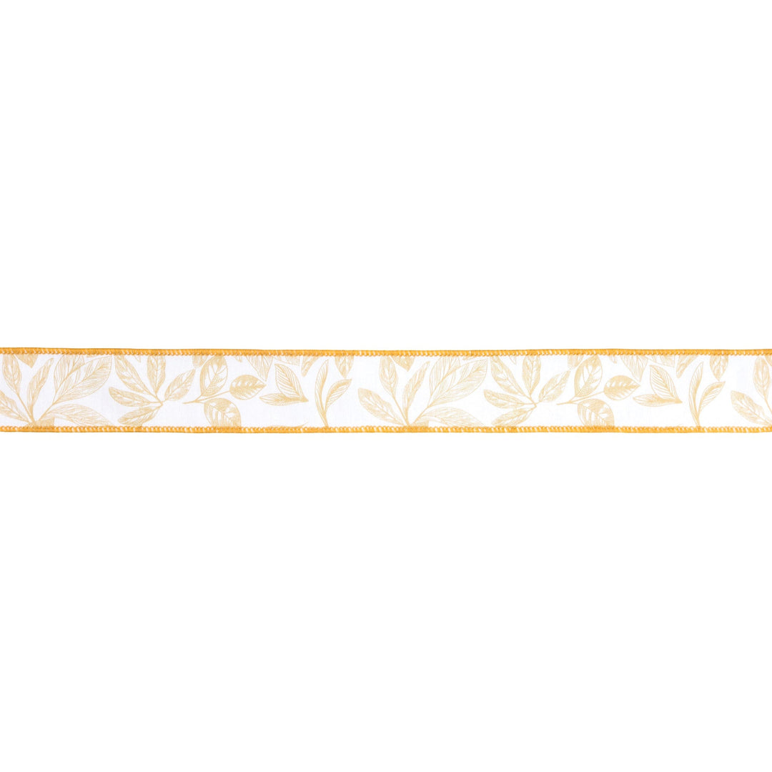 Yellow Leaves On White Wired Dupioni Ribbon - 1.5" - Greenery MarketWired Ribbon9382W-662-38E