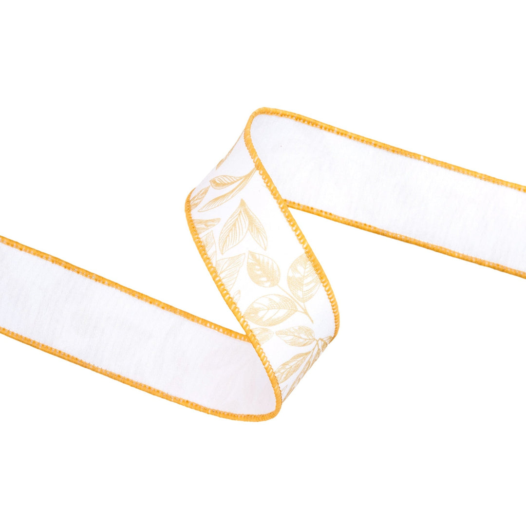 Yellow Leaves On White Wired Dupioni Ribbon - 1.5" - Greenery MarketWired Ribbon9382W-662-38E