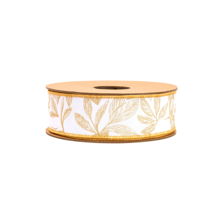 Yellow Leaves On White Wired Dupioni Ribbon - 1.5" - Greenery MarketWired Ribbon9382W-662-38E
