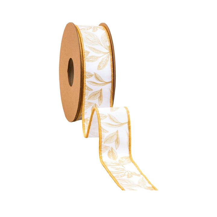 Yellow Leaves On White Wired Dupioni Ribbon - 1.5" - Greenery MarketWired Ribbon9382W-662-38E