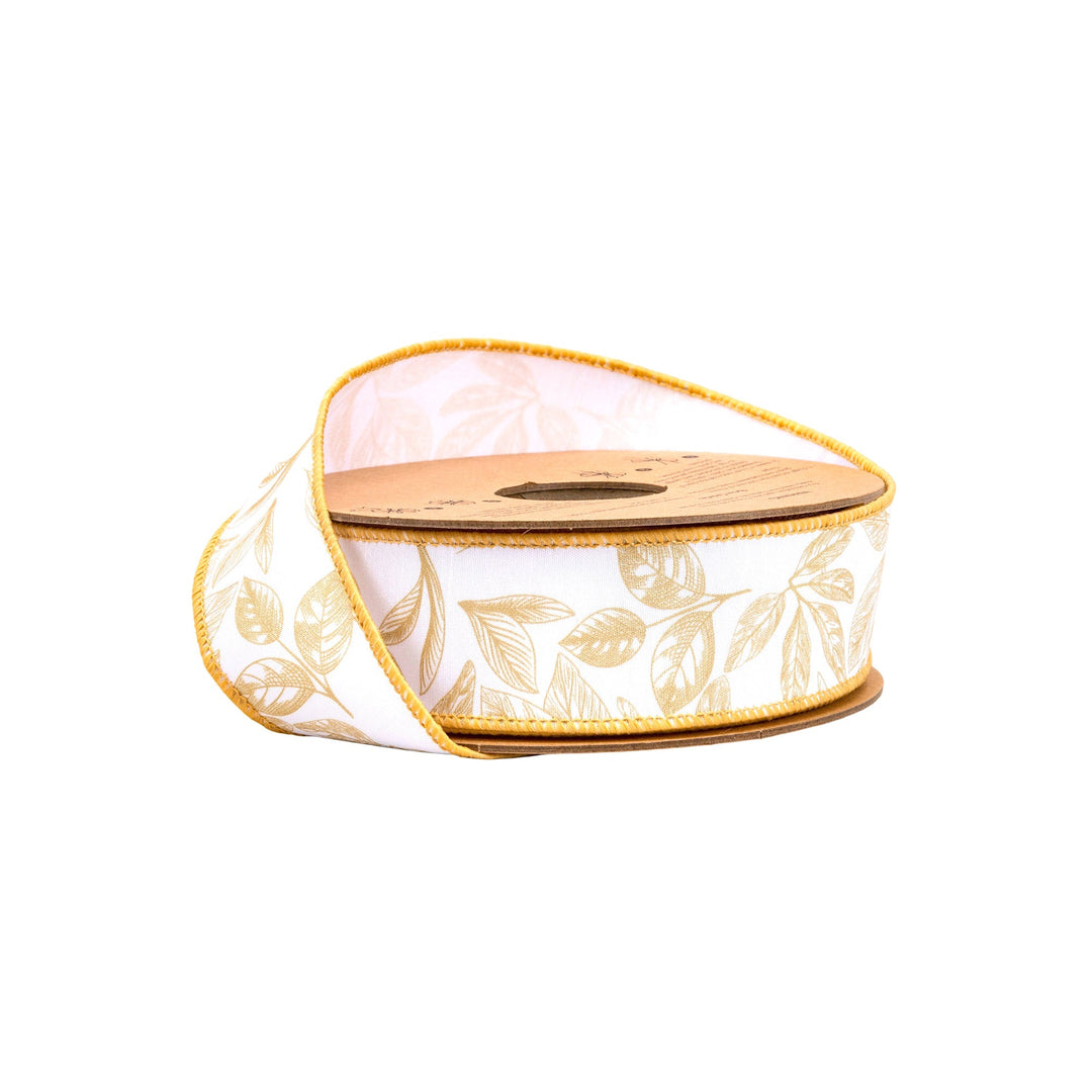 Yellow Leaves On White Wired Dupioni Ribbon - 1.5" - Greenery MarketWired Ribbon9382W-662-38E
