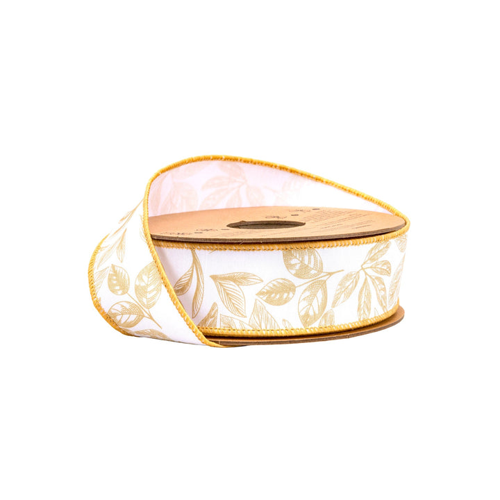 Yellow Leaves On White Wired Dupioni Ribbon - 1.5" - Greenery MarketWired Ribbon9382W-662-38E