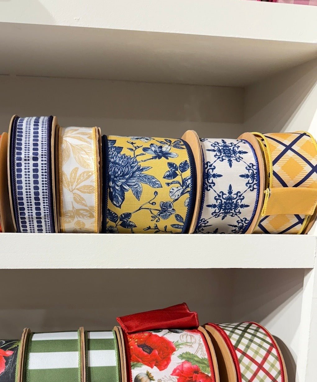 Yellow Leaves On White Wired Dupioni Ribbon - 1.5" - Greenery MarketWired Ribbon9382W-662-38E