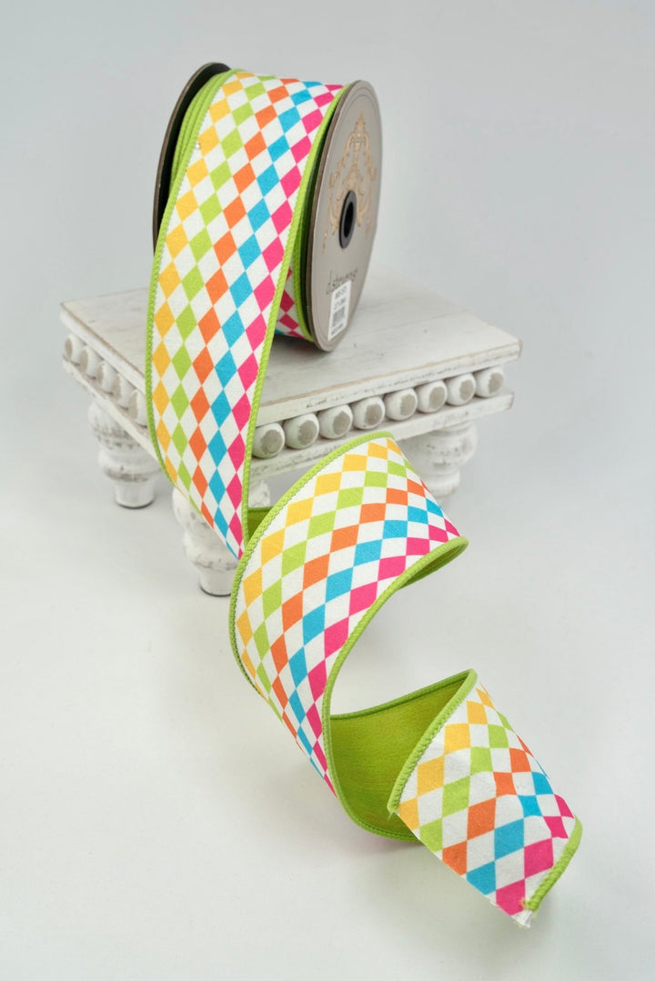 Yellow, Lime, Orange, & Pink Colorful Harlequin Dupion Wired Ribbon - 2.5" - Greenery MarketWired ribbon05-1573
