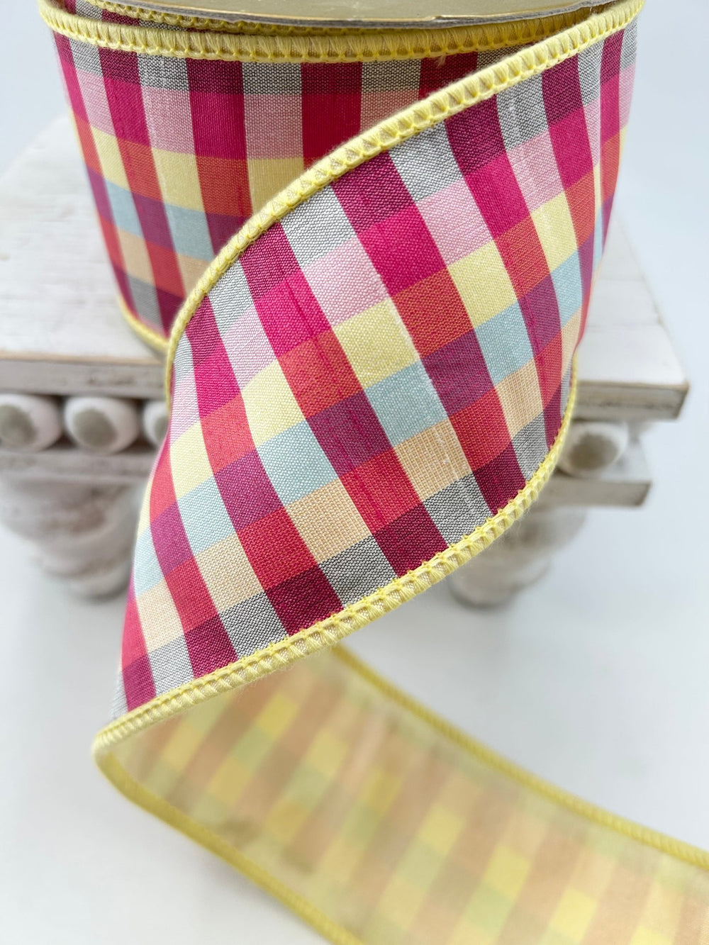 Yellow Multicolored Check Dupion Ribbon 2.5” - Greenery Market249719