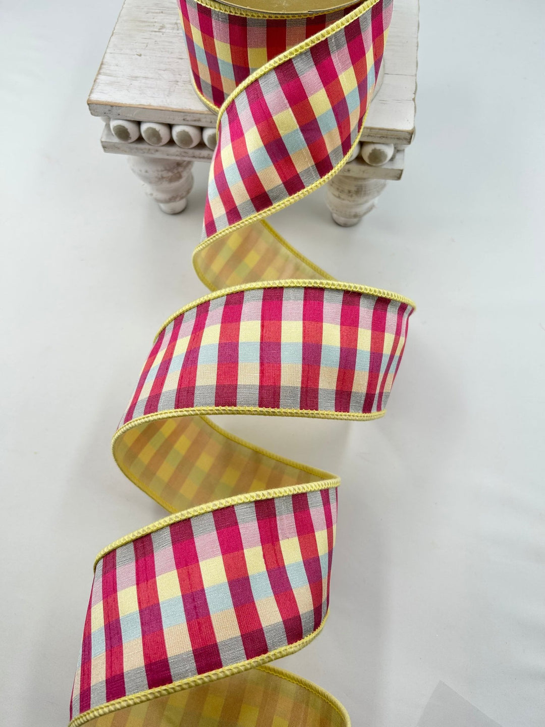 Yellow Multicolored Check Dupion Ribbon 2.5” - Greenery Market249719