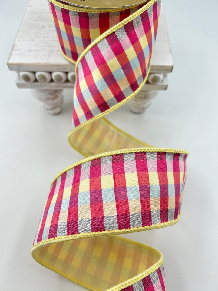 Yellow Multicolored Check Dupion Ribbon 2.5” - Greenery Market249719