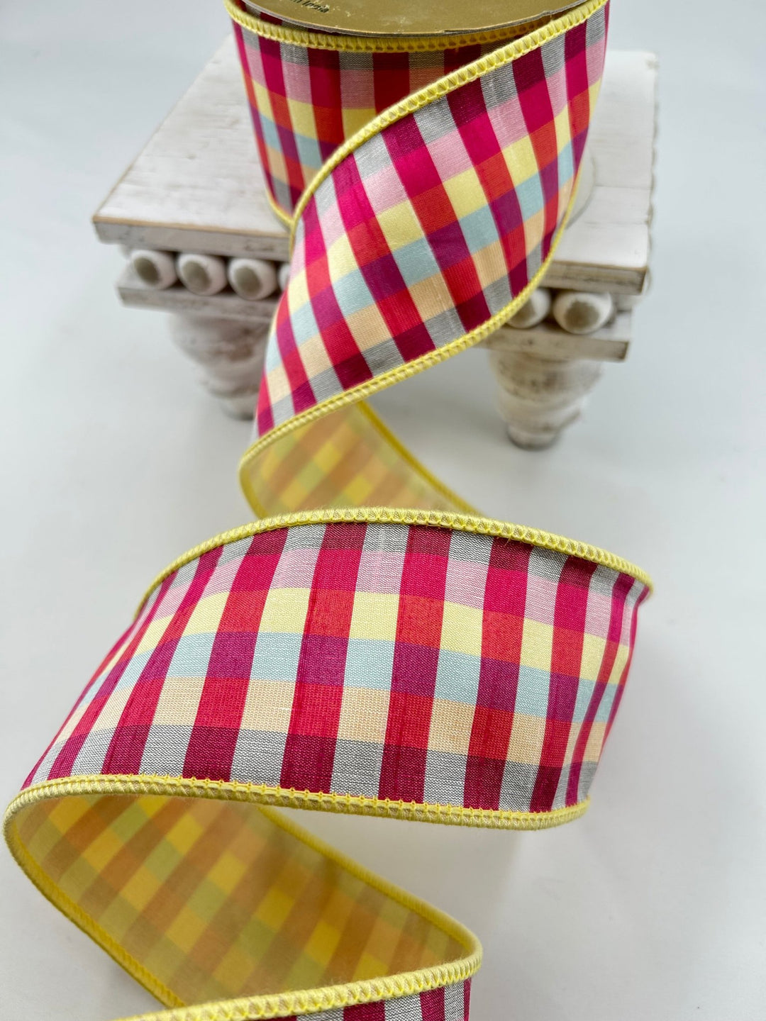 Yellow Multicolored Check Dupion Ribbon 2.5” - Greenery Market249719
