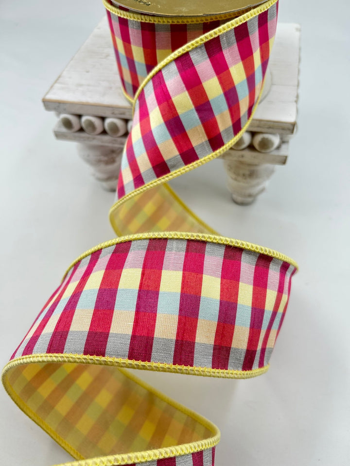 Yellow Multicolored Check Dupion Ribbon 2.5” - Greenery Market249719