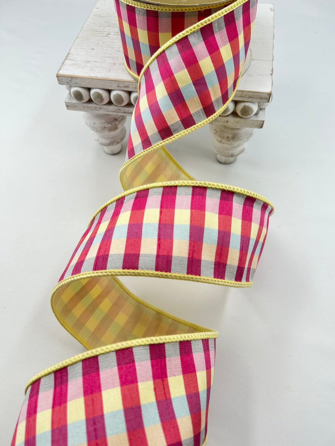 Yellow Multicolored Check Dupion Ribbon 2.5” - Greenery Market249719