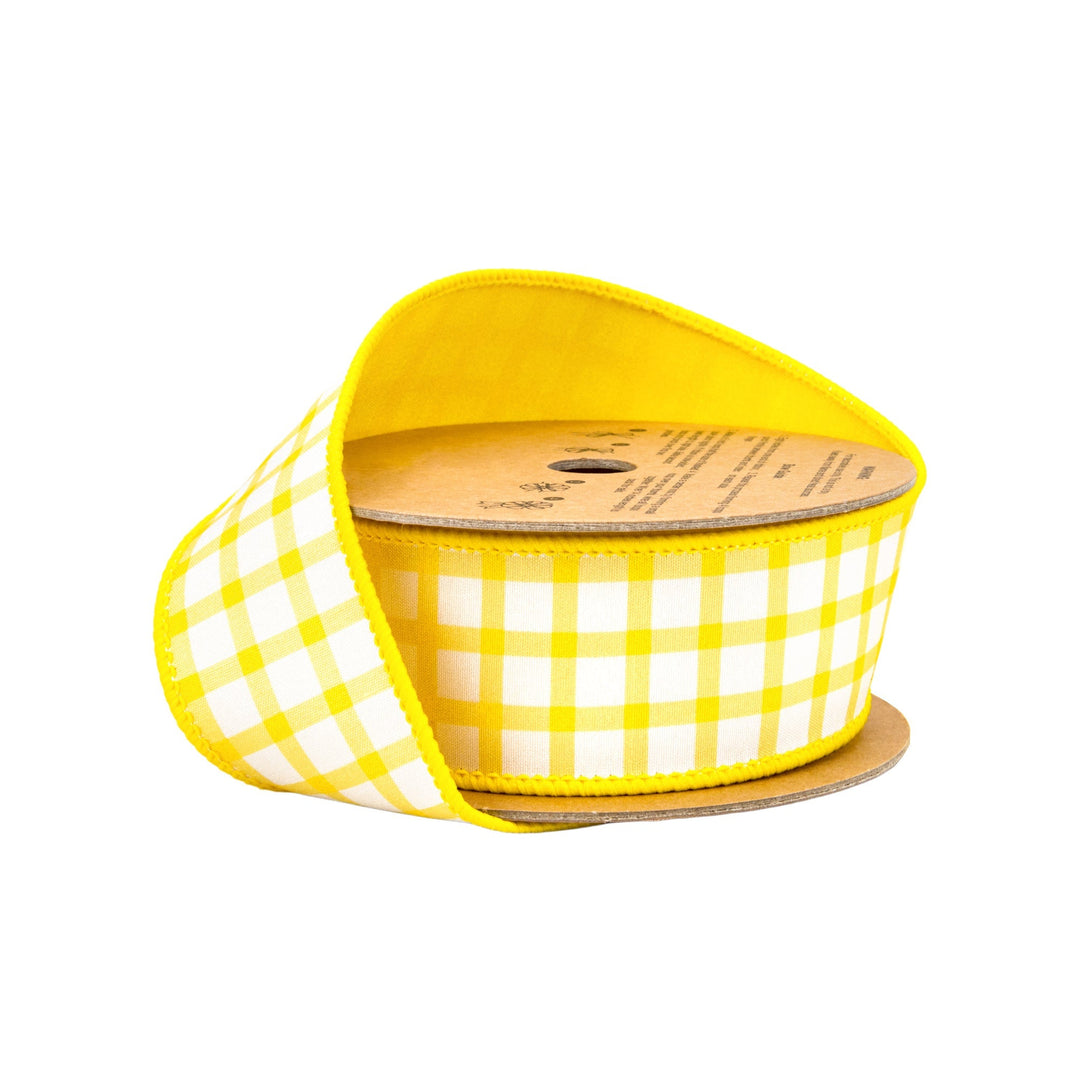 Yellow & White Check With Yellow Backing Dupioni Wired Ribbon - 1.5" - Greenery MarketWired Ribbon9344W-650-38E