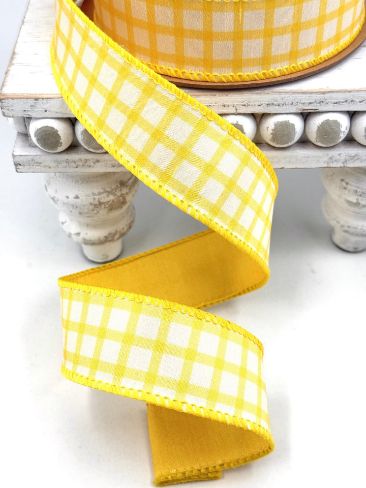 Yellow & White Check With Yellow Backing Dupioni Wired Ribbon - 1.5" - Greenery MarketWired Ribbon9344W-650-38E