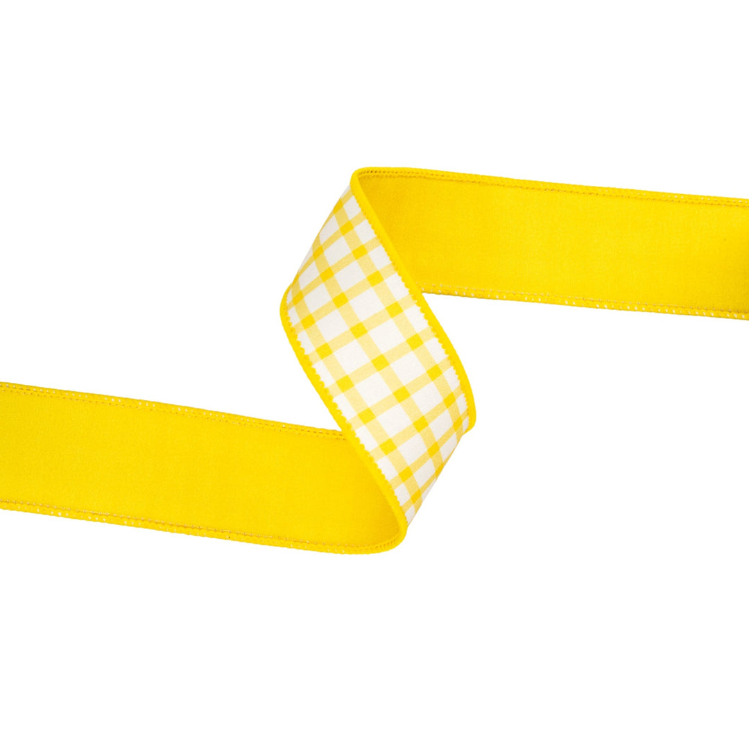 Yellow & White Check With Yellow Backing Dupioni Wired Ribbon - 1.5" - Greenery MarketWired Ribbon9344W-650-38E
