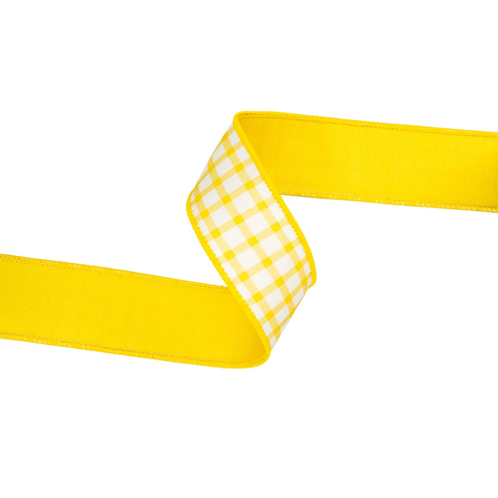 Yellow & White Check With Yellow Backing Dupioni Wired Ribbon - 1.5" - Greenery MarketWired Ribbon9344W-650-38E