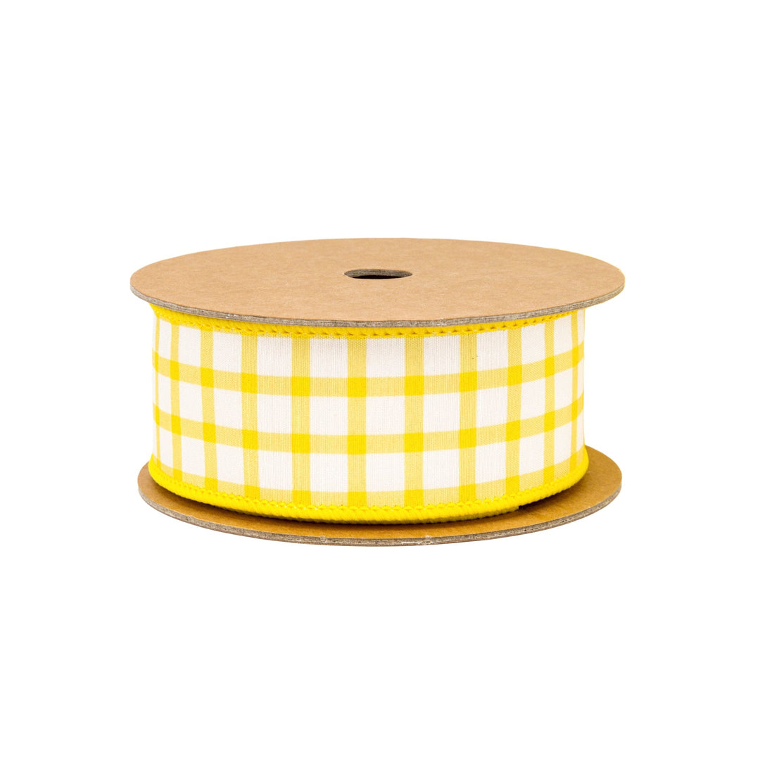 Yellow & White Check With Yellow Backing Dupioni Wired Ribbon - 1.5" - Greenery MarketWired Ribbon9344W-650-38E
