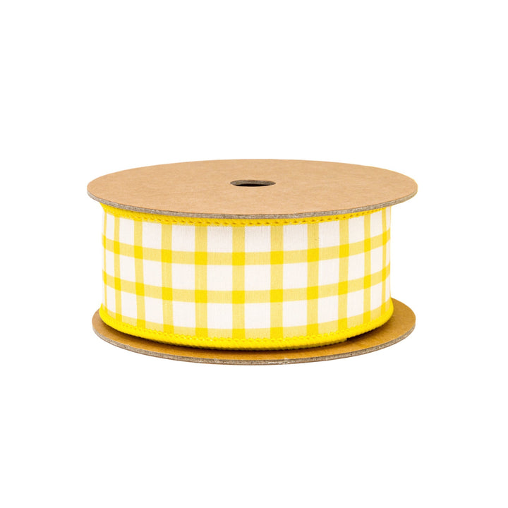 Yellow & White Check With Yellow Backing Dupioni Wired Ribbon - 1.5" - Greenery MarketWired Ribbon9344W-650-38E