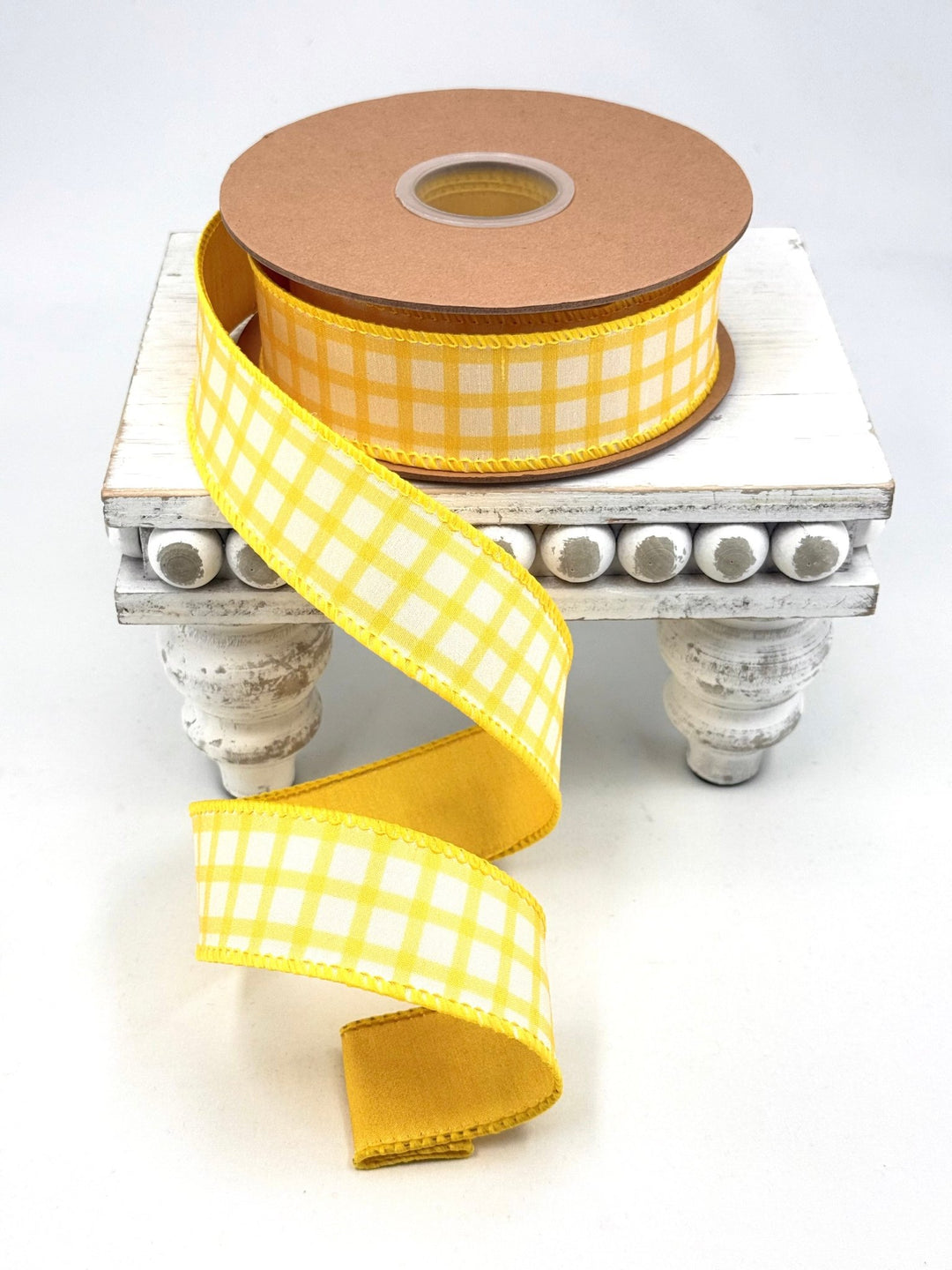 Yellow & White Check With Yellow Backing Dupioni Wired Ribbon - 1.5" - Greenery MarketWired Ribbon9344W-650-38E