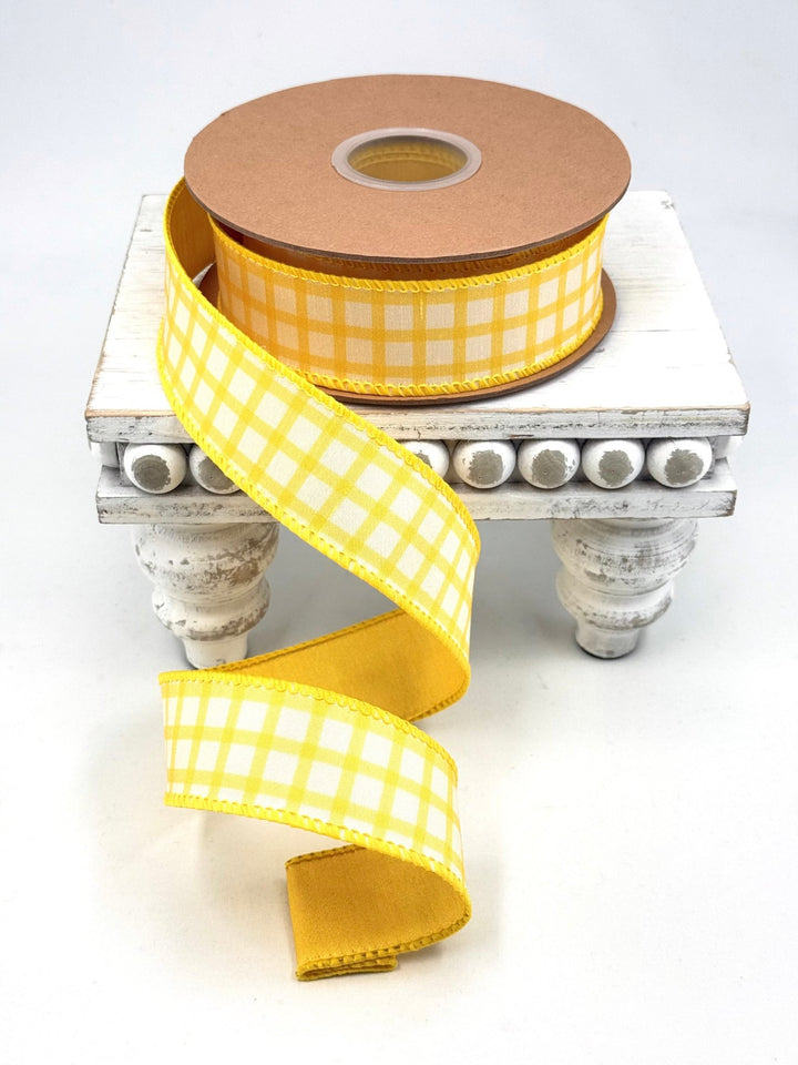 Yellow & White Check With Yellow Backing Dupioni Wired Ribbon - 1.5" - Greenery MarketWired Ribbon9344W-650-38E