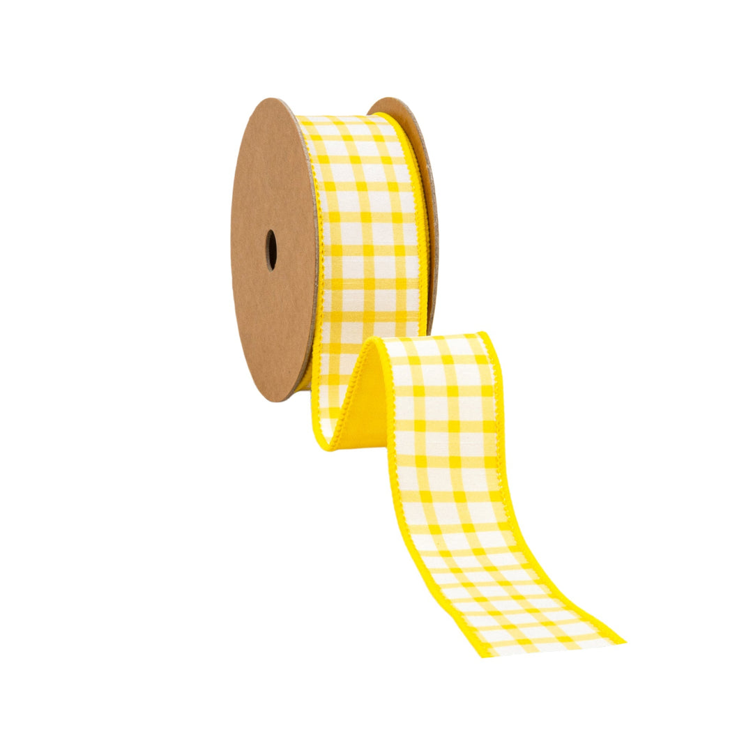 Yellow & White Check With Yellow Backing Dupioni Wired Ribbon - 1.5" - Greenery MarketWired Ribbon9344W-650-38E
