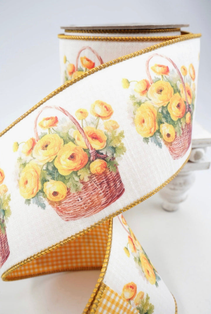 Yellow & White Yellow Ranunculus Wicker Basket Dupion Wired Ribbon - 4" - Greenery MarketWired ribbon05-1559