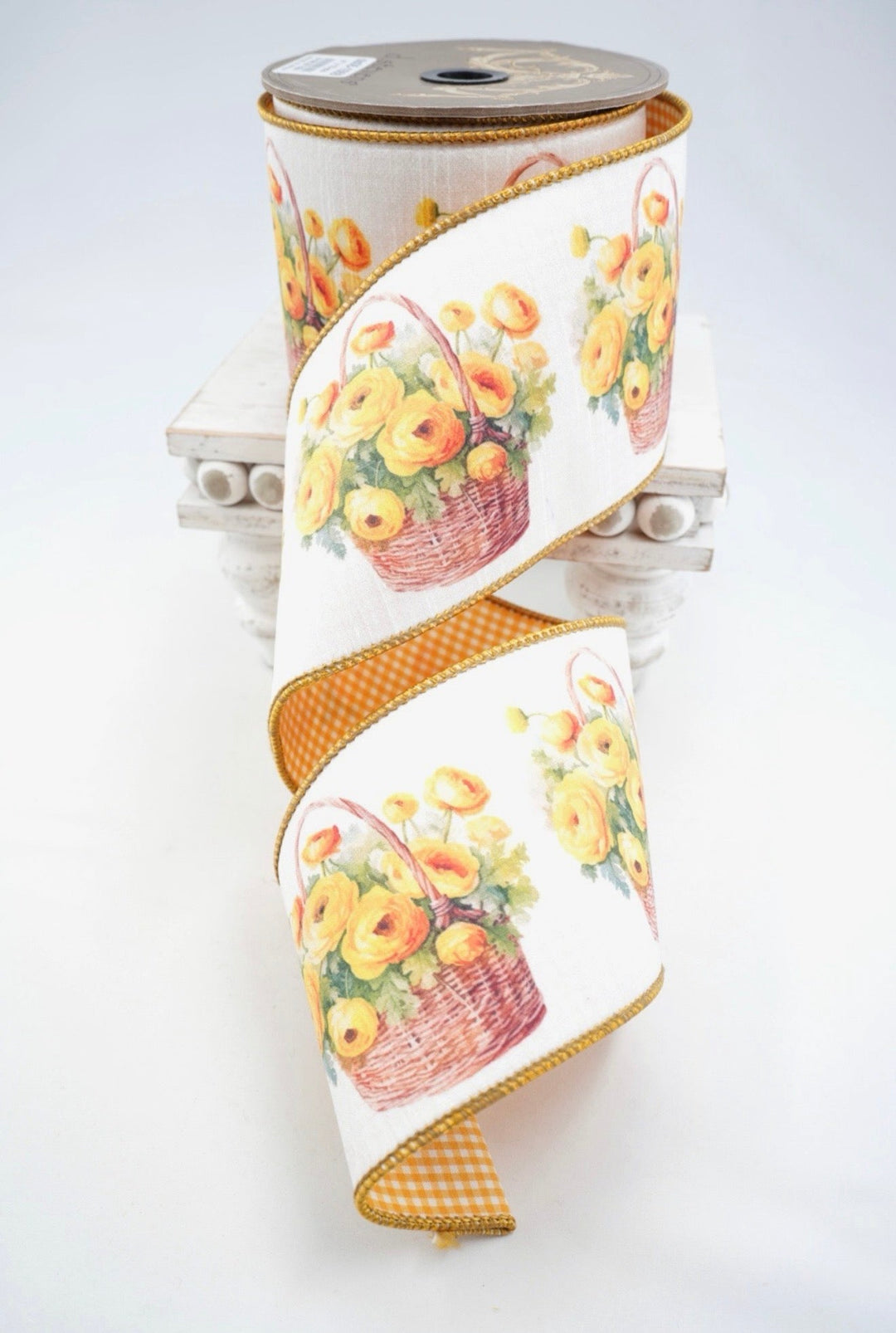 Yellow & White Yellow Ranunculus Wicker Basket Dupion Wired Ribbon - 4" - Greenery MarketWired ribbon05-1559