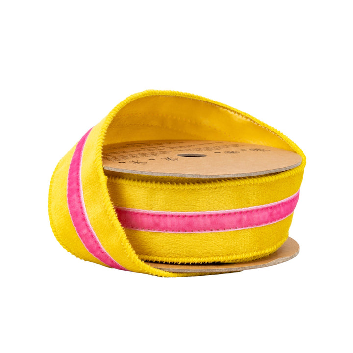Yellow With Pink Trim Wired Velvet Ribbon - 1.5" - Greenery MarketWired Ribbon7020W-662-38E