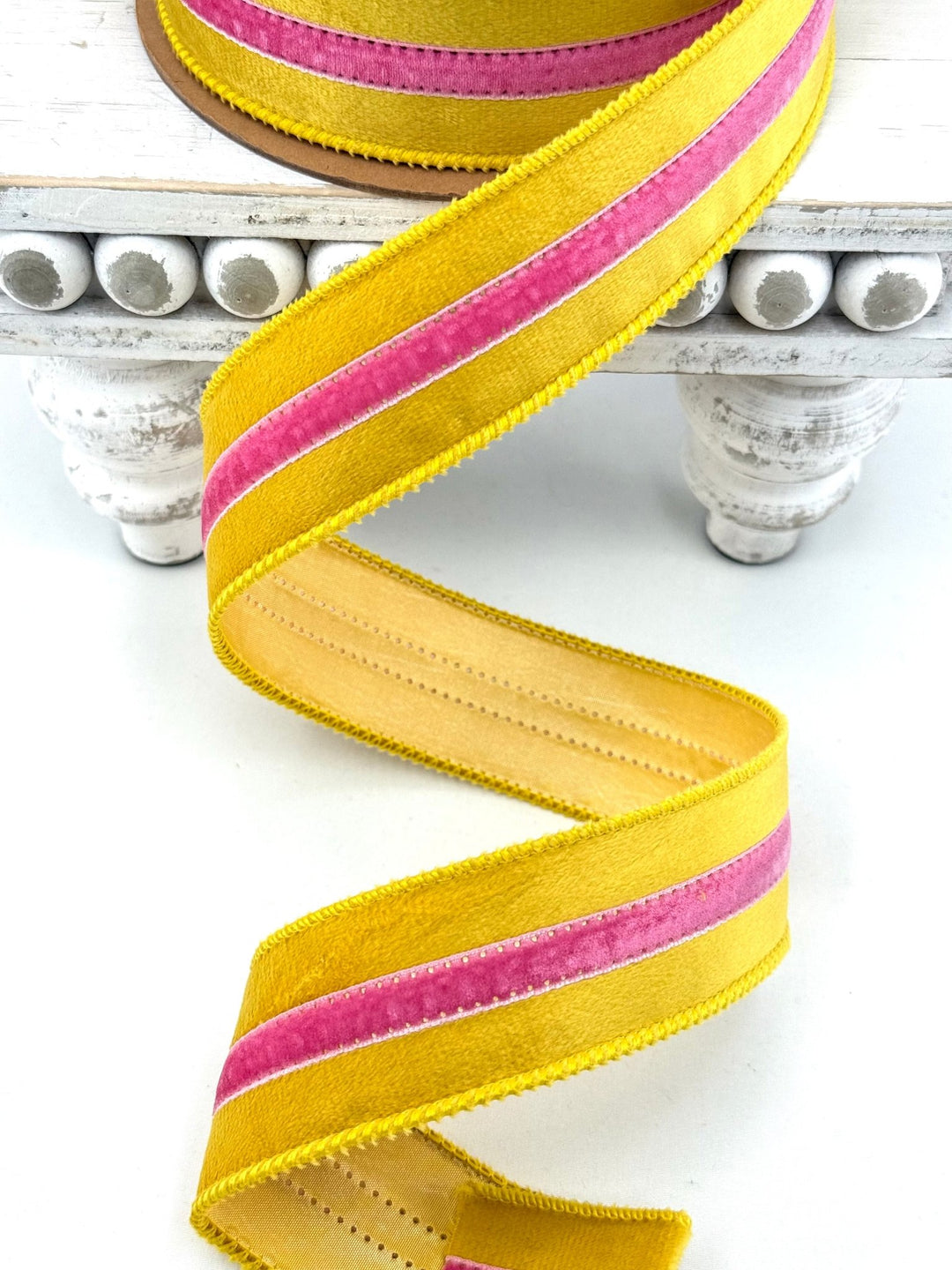 Yellow With Pink Trim Wired Velvet Ribbon - 1.5" - Greenery MarketWired Ribbon7020W-662-38E