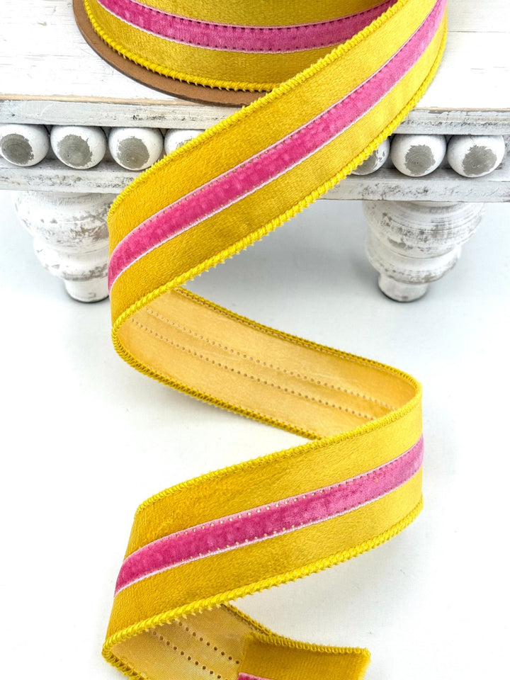 Yellow With Pink Trim Wired Velvet Ribbon - 1.5" - Greenery MarketWired Ribbon7020W-662-38E