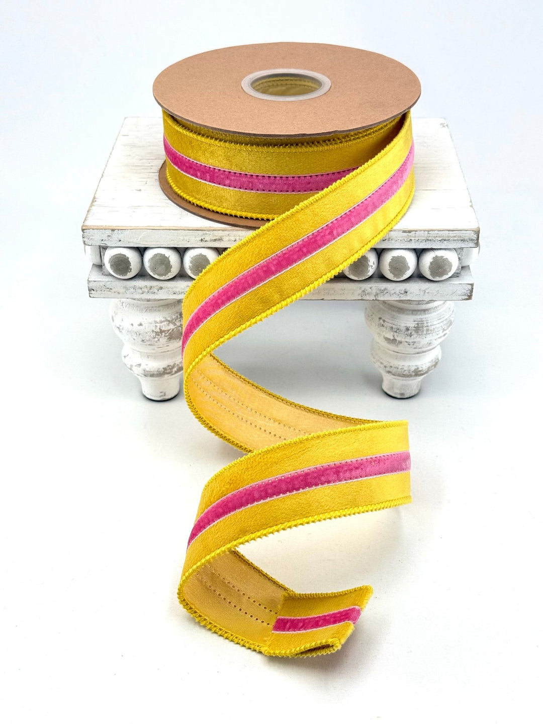 Yellow With Pink Trim Wired Velvet Ribbon - 1.5" - Greenery MarketWired Ribbon7020W-662-38E