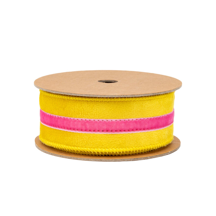 Yellow With Pink Trim Wired Velvet Ribbon - 1.5" - Greenery MarketWired Ribbon7020W-662-38E