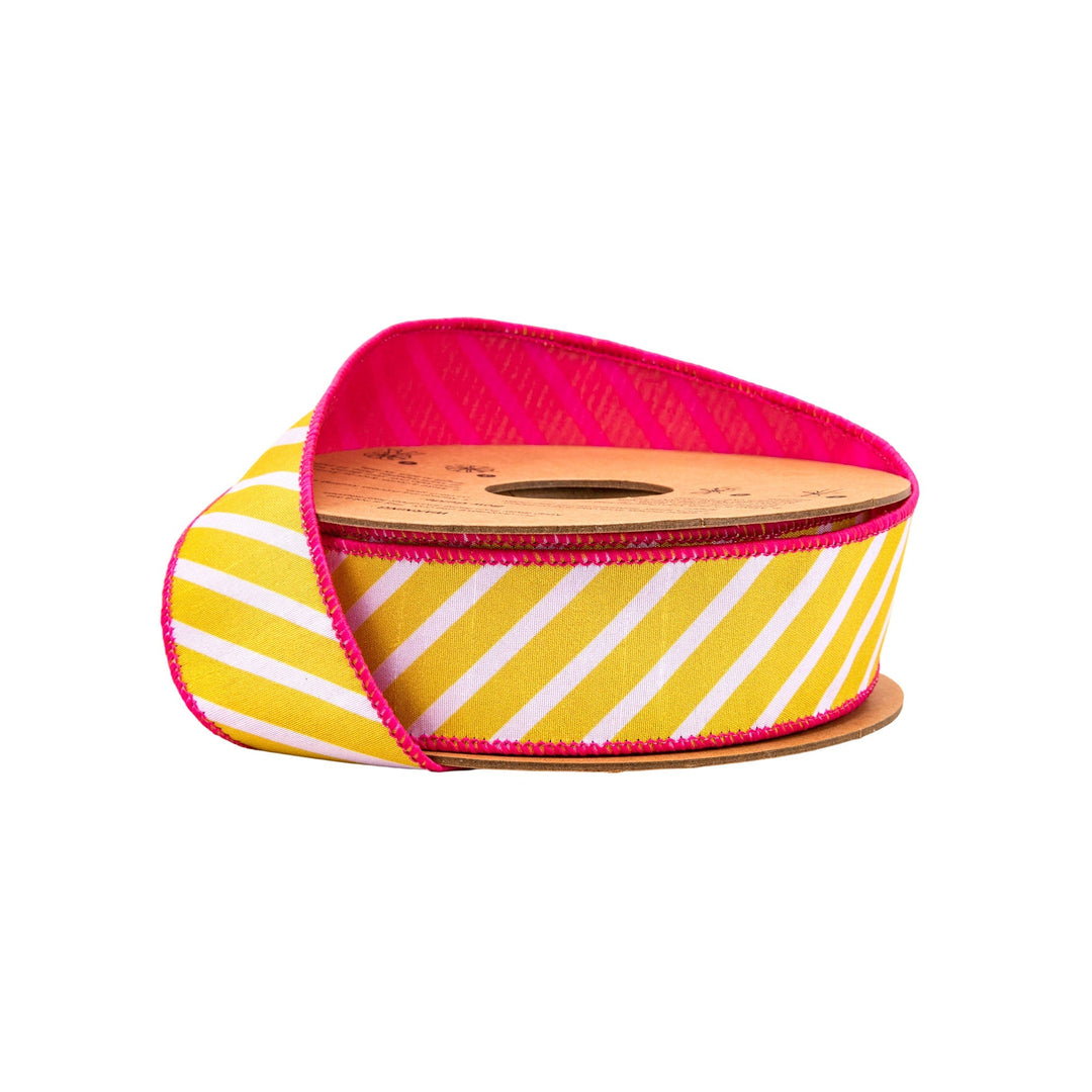 Yellow with White Diagonal Stripe with Pink Backing Wired Dupioni Ribbon - 1.5" - Greenery MarketWired Ribbon9227W-660-38E