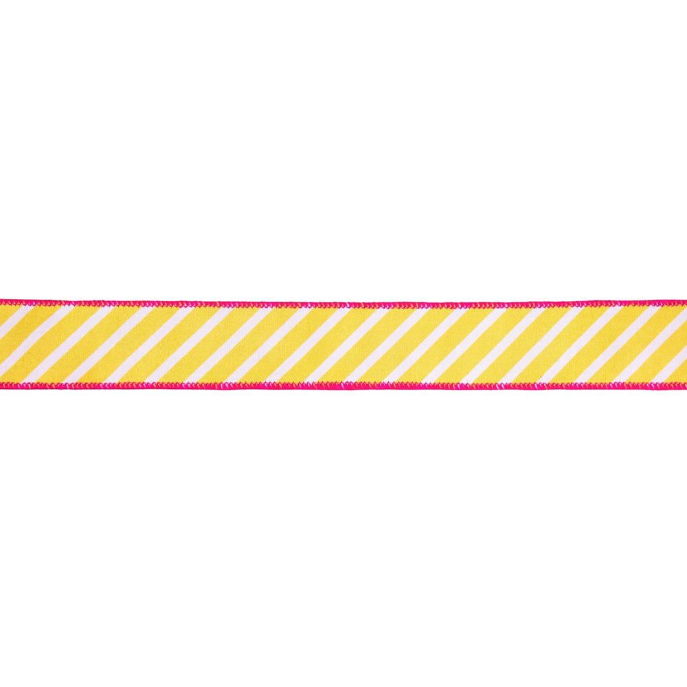 Yellow with White Diagonal Stripe with Pink Backing Wired Dupioni Ribbon - 1.5" - Greenery MarketWired Ribbon9227W-660-38E