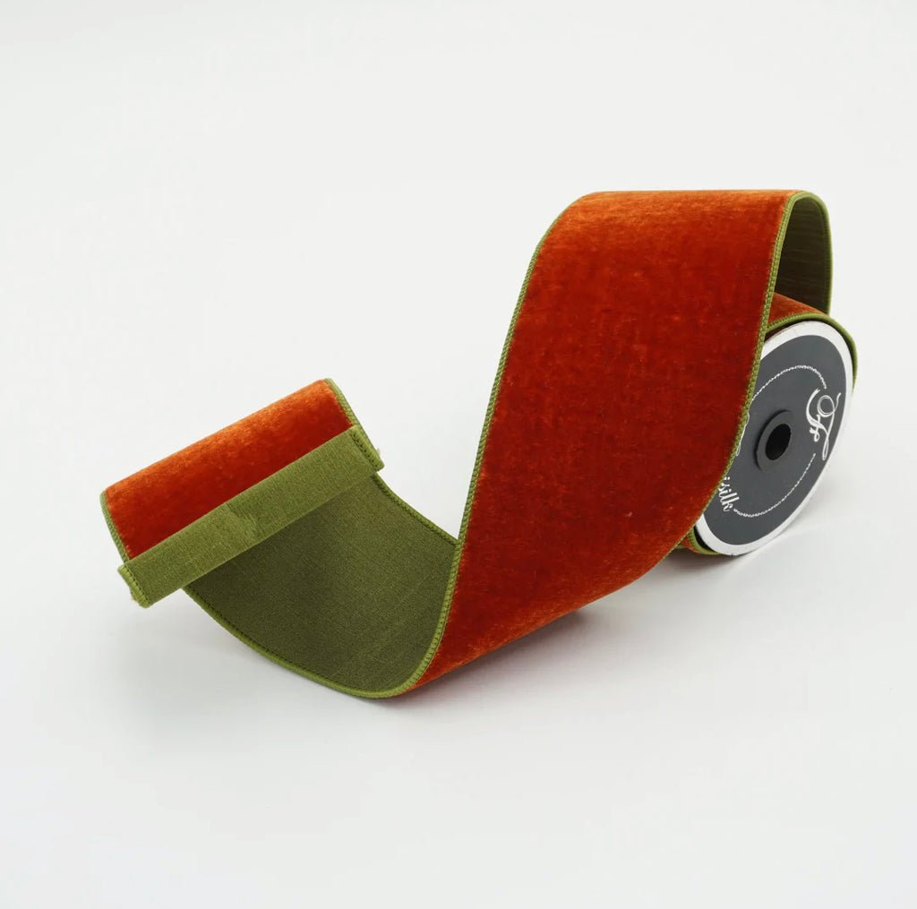 2 tone cinnamon and olive plush velvet luster 2.5” farrisilk wired ribbon - Greenery MarketRibbons & TrimRK131-04