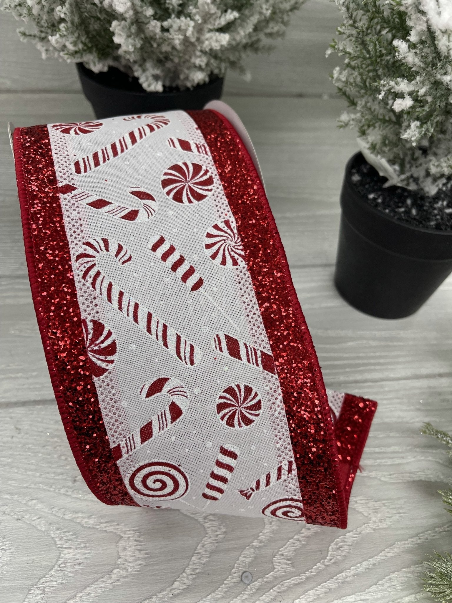 peppermint ribbon with glittered edge 4” - Greenery Market Wired ribbon