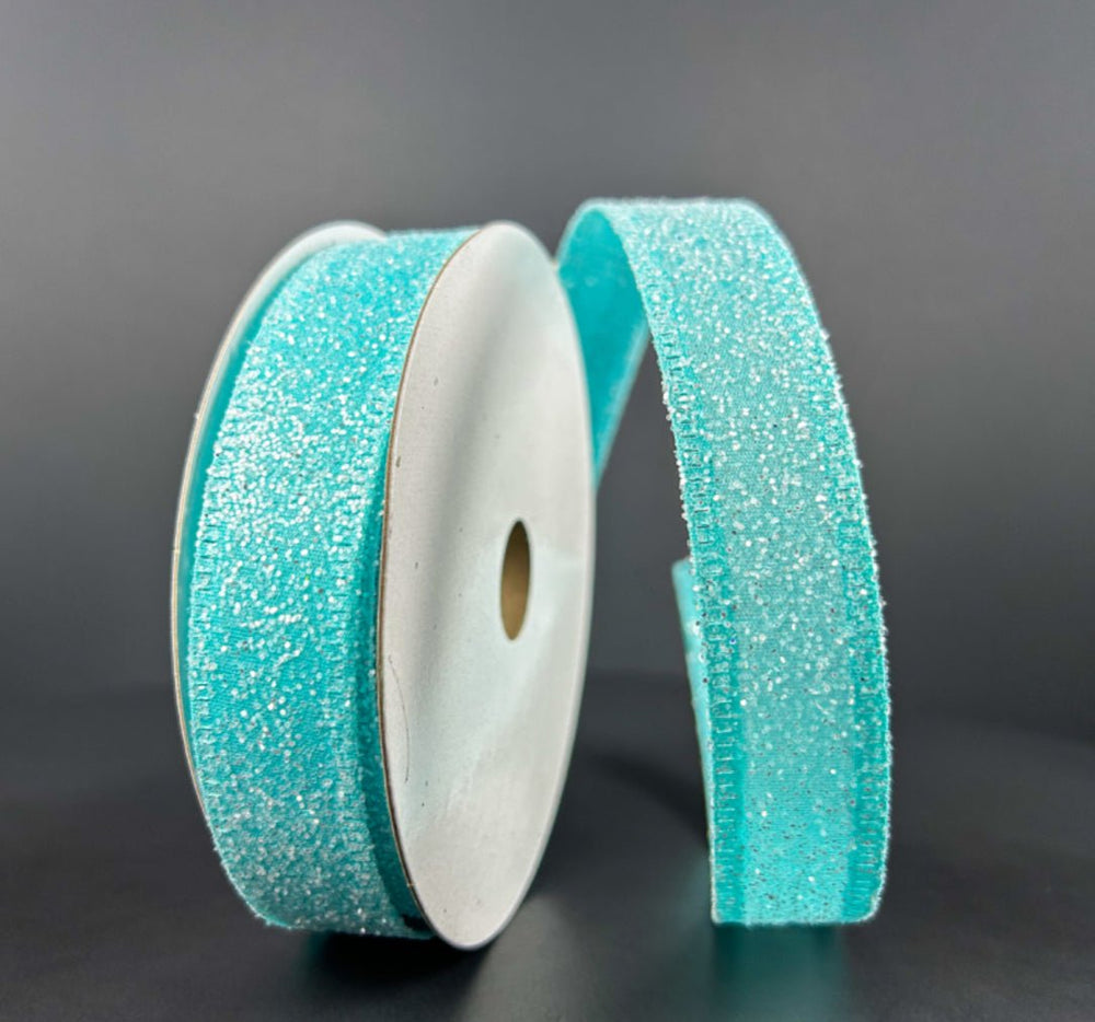 Aqua glittered wired ribbon, 7/8" - Greenery MarketWired ribbon46420-05-45