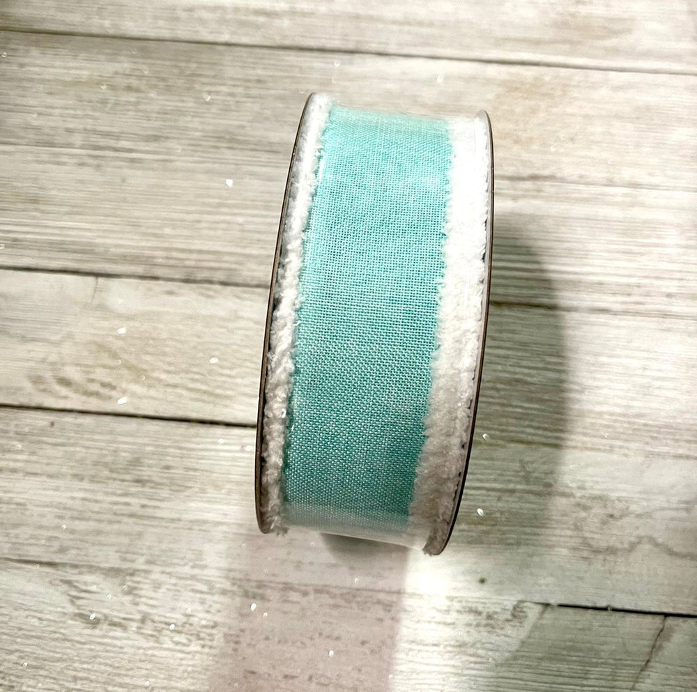 aqua linen with white fluffy edge 1.5” wired ribbon - Greenery MarketWired ribbon110642 AQUA