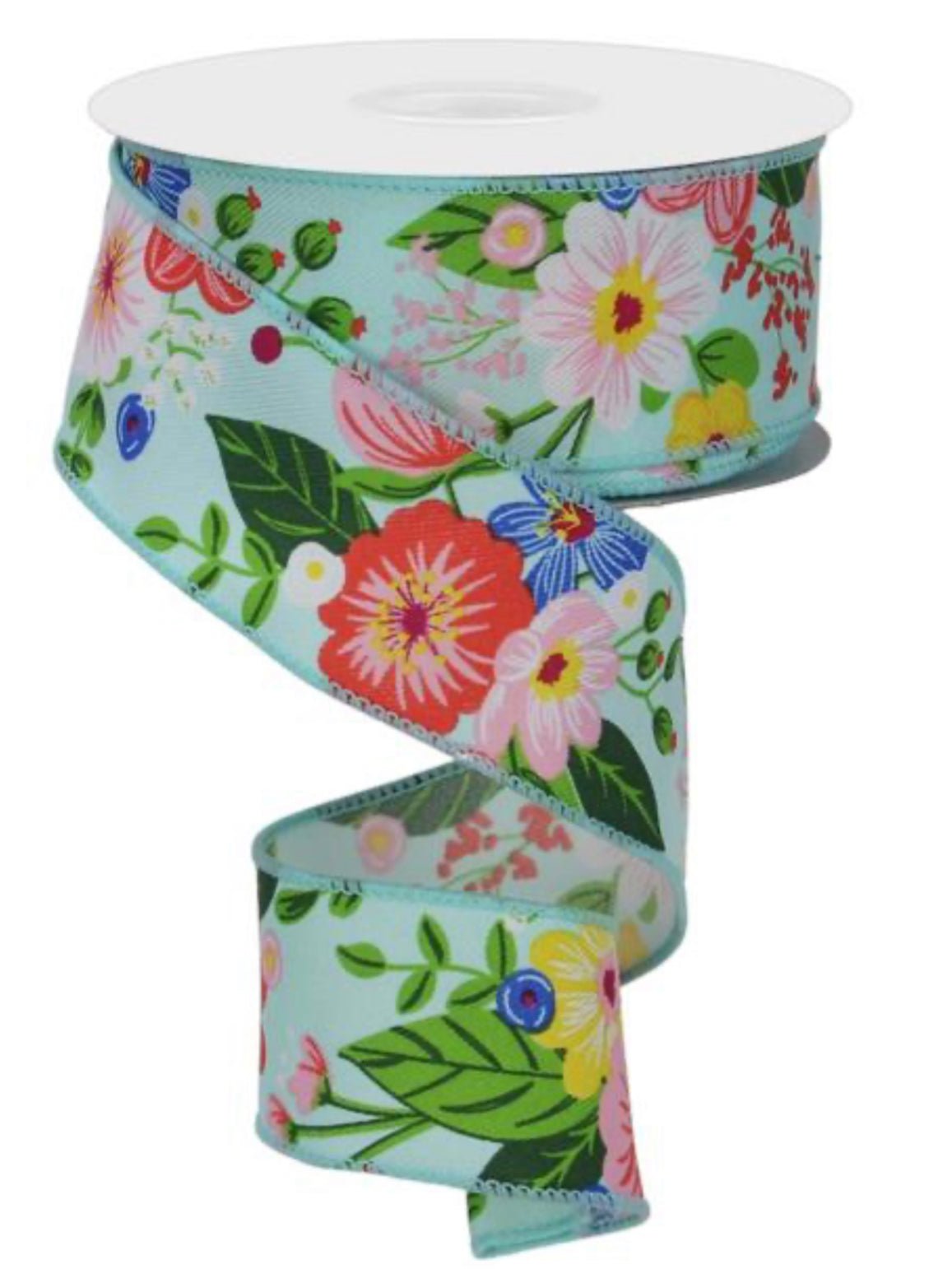 Aqua, pink, coral, and blue floral ribbon, 1.5" wired - Greenery MarketWired ribbonRGE1132WC