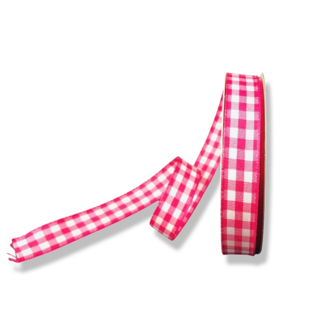 Beauty Pink and white classic gingham plaid wired ribbon, 5/8