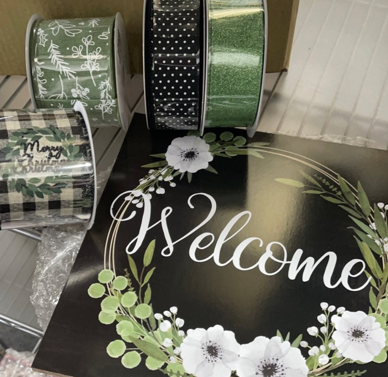 Black and white welcome flower 10” square - Greenery Marketsigns for wreathsap710927