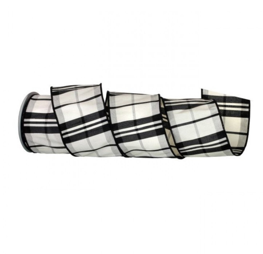Black cream dupioni plaid wired ribbon, 10 yards 4" - Greenery MarketWired ribbonMTX65127