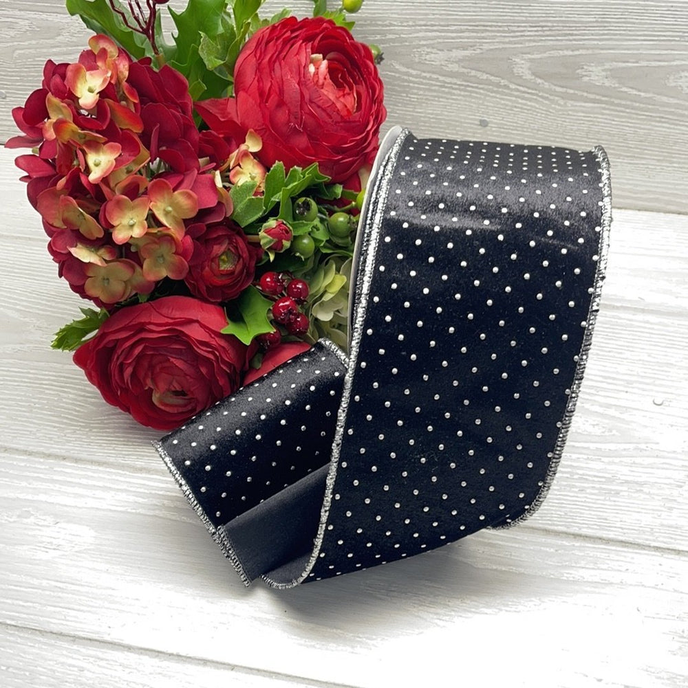 Black velvet wired ribbon with silver raised dots 4” - Greenery MarketMTX64932