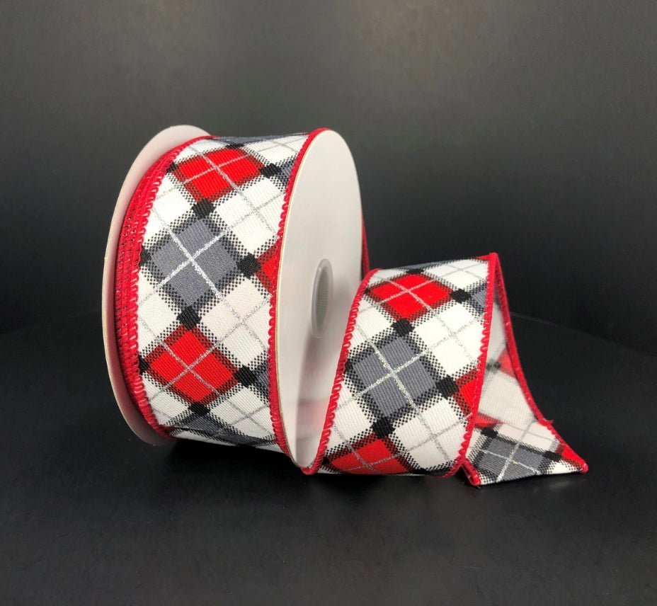 Black, white, and red, plaid wired ribbon , 1.5
