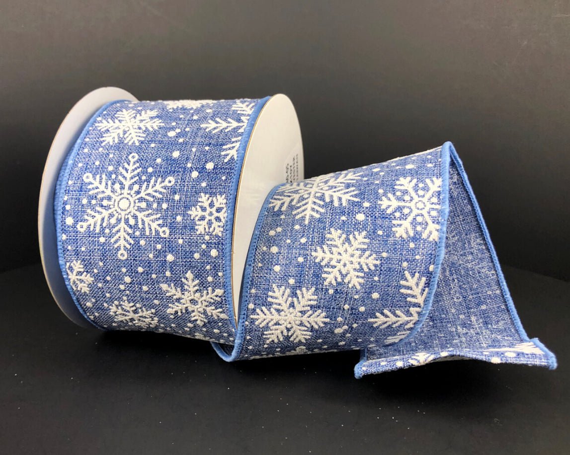 blue and white shimmering snowflakes wired ribbon , 2.5