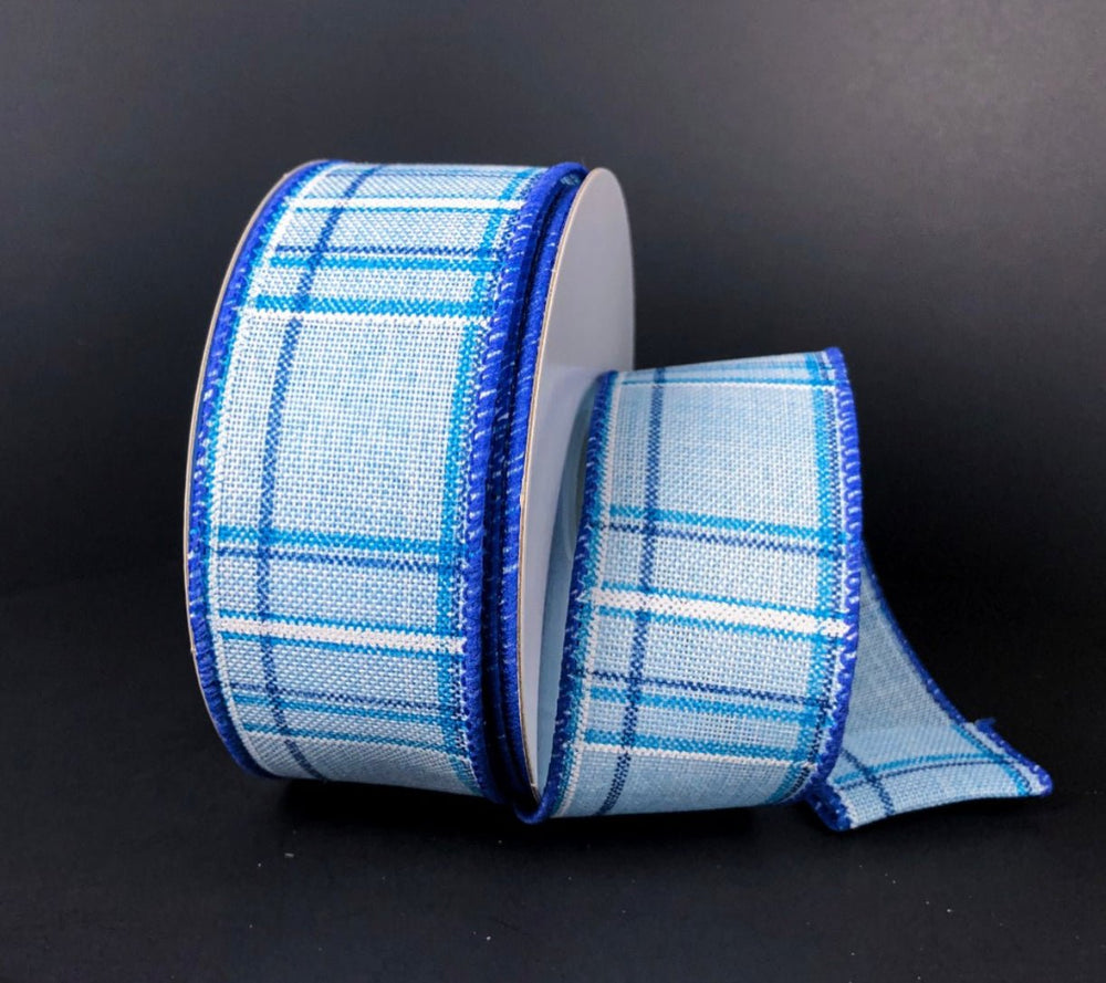 Blue and white summer plaid 1.5” - Greenery MarketWired ribbon41239-09-04