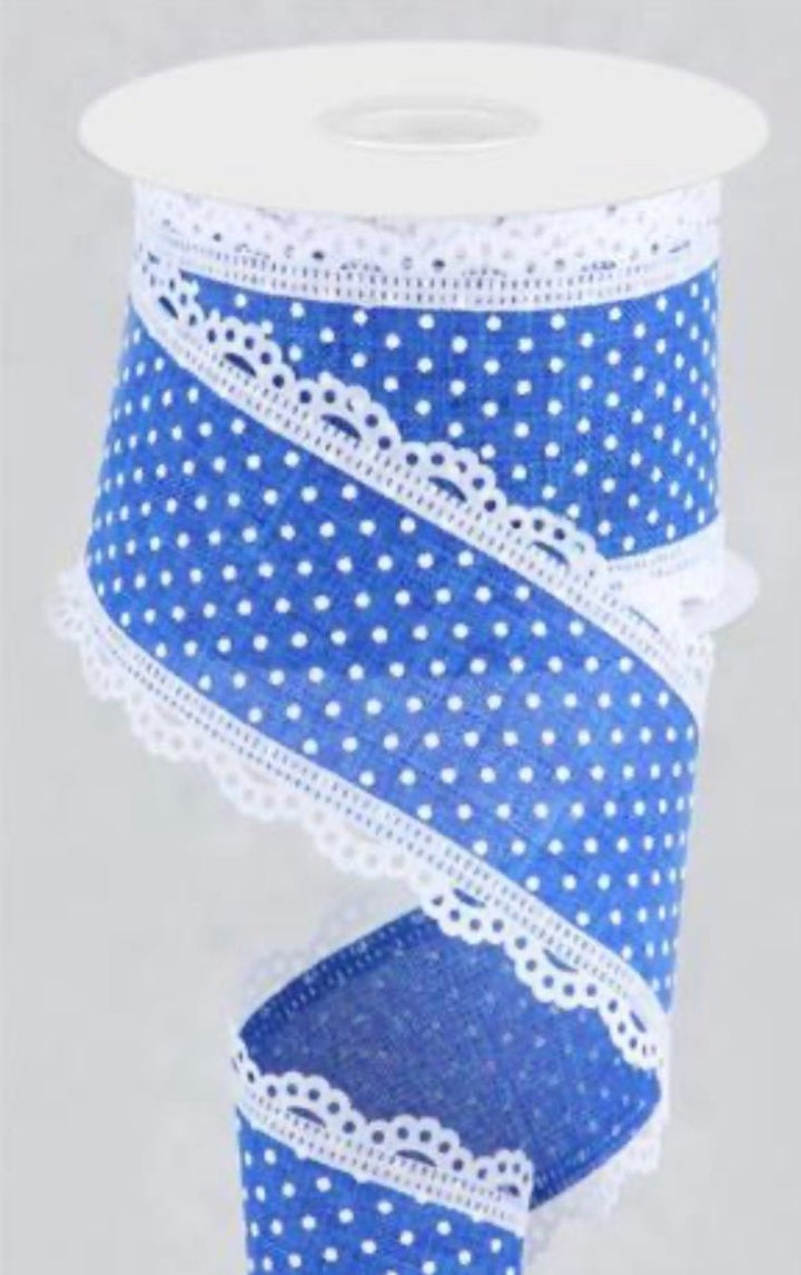 Blue and white Swiss dot with lace wired ribbon 2.5” - Greenery MarketRibbons & TrimRG0887025