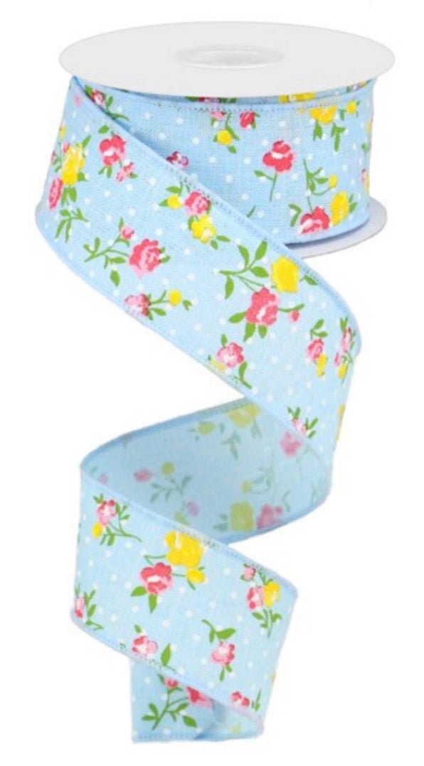 Blue floral 1.5” wired ribbon - Greenery MarketWired ribbonrg0195314
