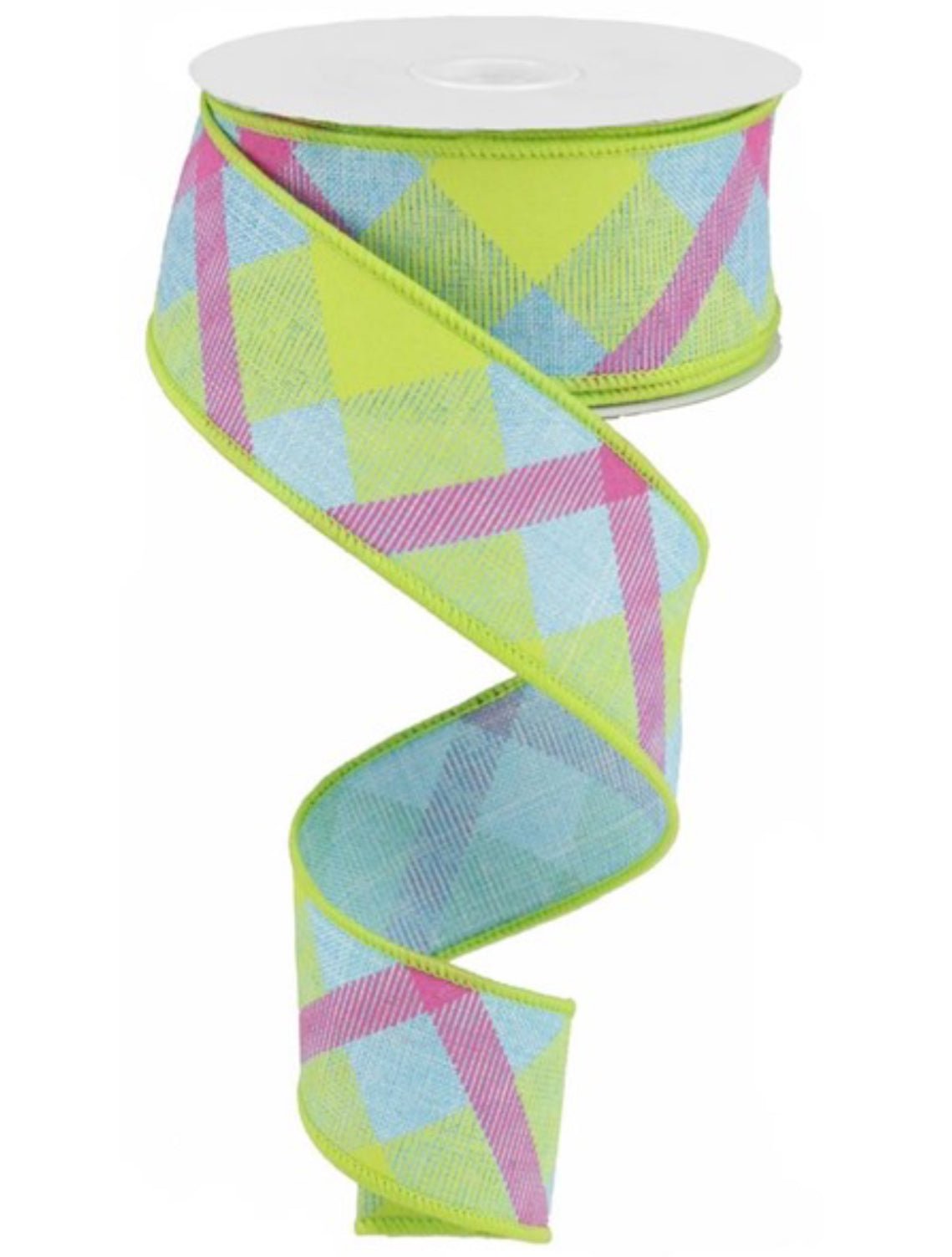 Blue, lime, and hot pink diagonal plaid wired ribbon, 1.5” - Greenery Marketwired ribbonRG0168214
