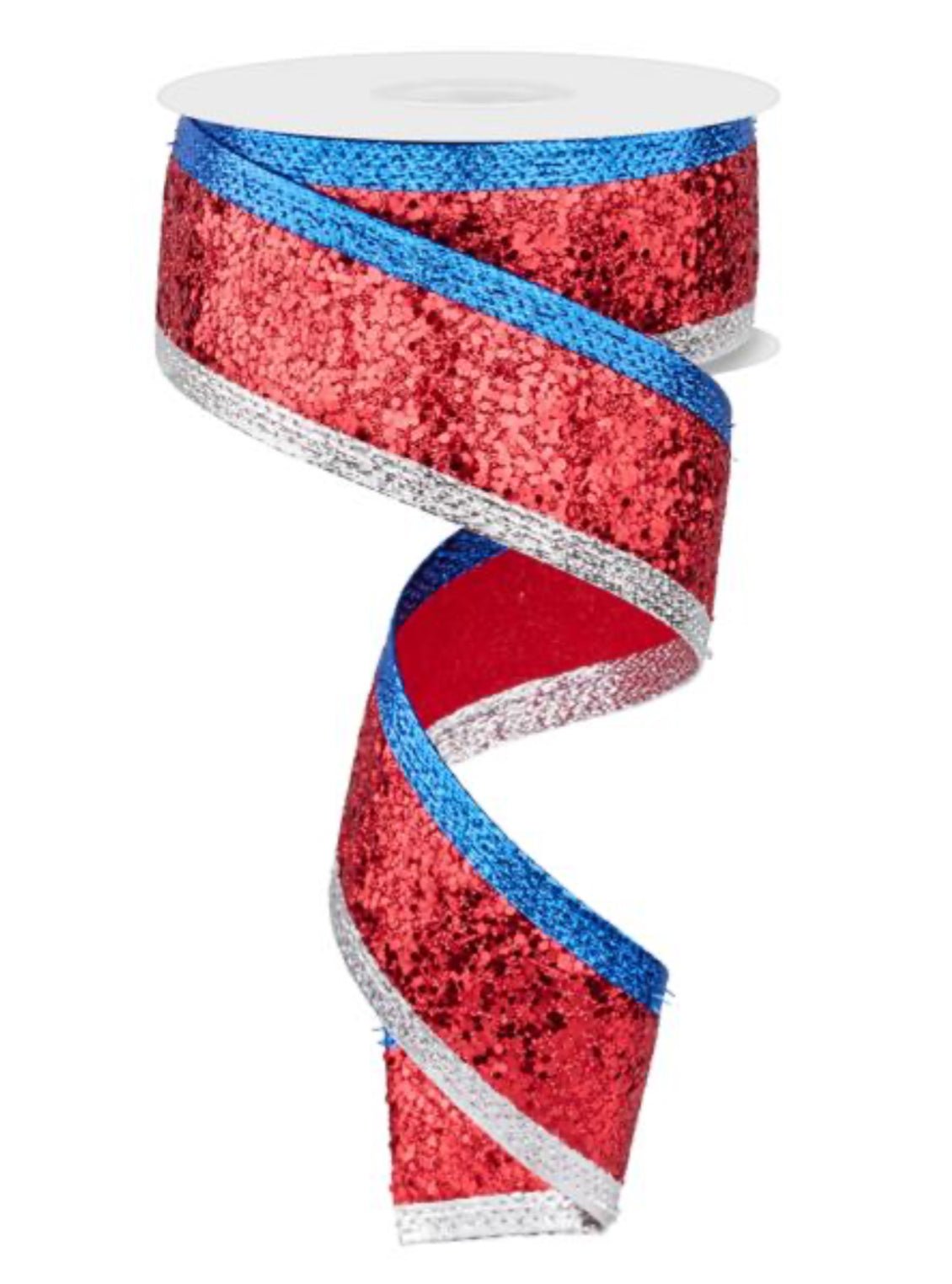 Blue red and silver large glitter wired ribbon 1.5” - Greenery MarketWired ribbonRGA88127T