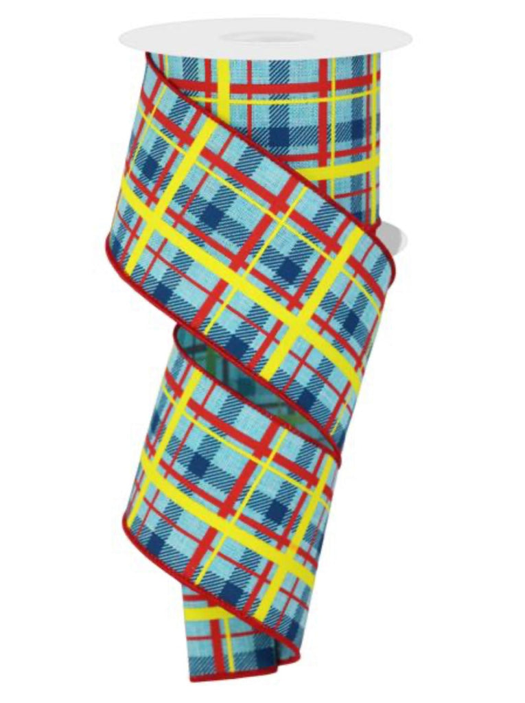 Blue, red, and yellow plaid wired ribbon - 2.5” - Greenery Market