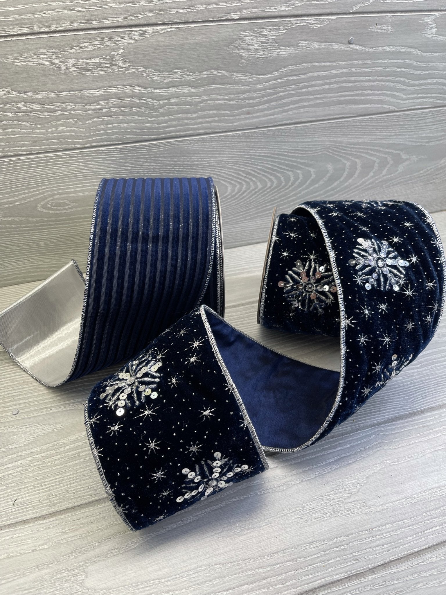 Blue velvet wired ribbon with silver snowflakes 4” - Greenery Market Wired ribbon